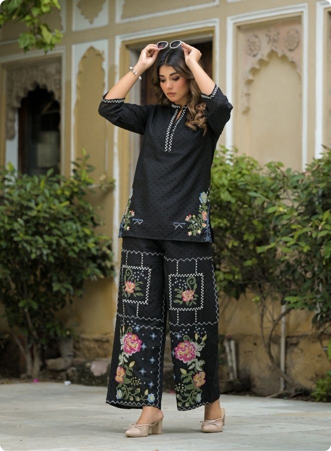 Black Floral Embroidered Straight Kurta Set