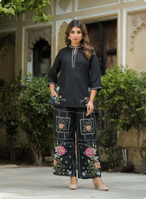 Black Floral Embroidered Straight Kurta Set
