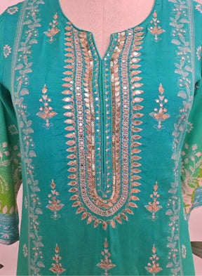 Sea Green Embroidered Cotton Suit
