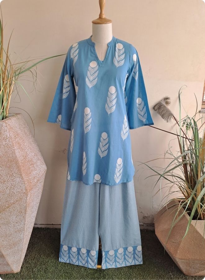 Blue Leaf Print Kurta Pant Set