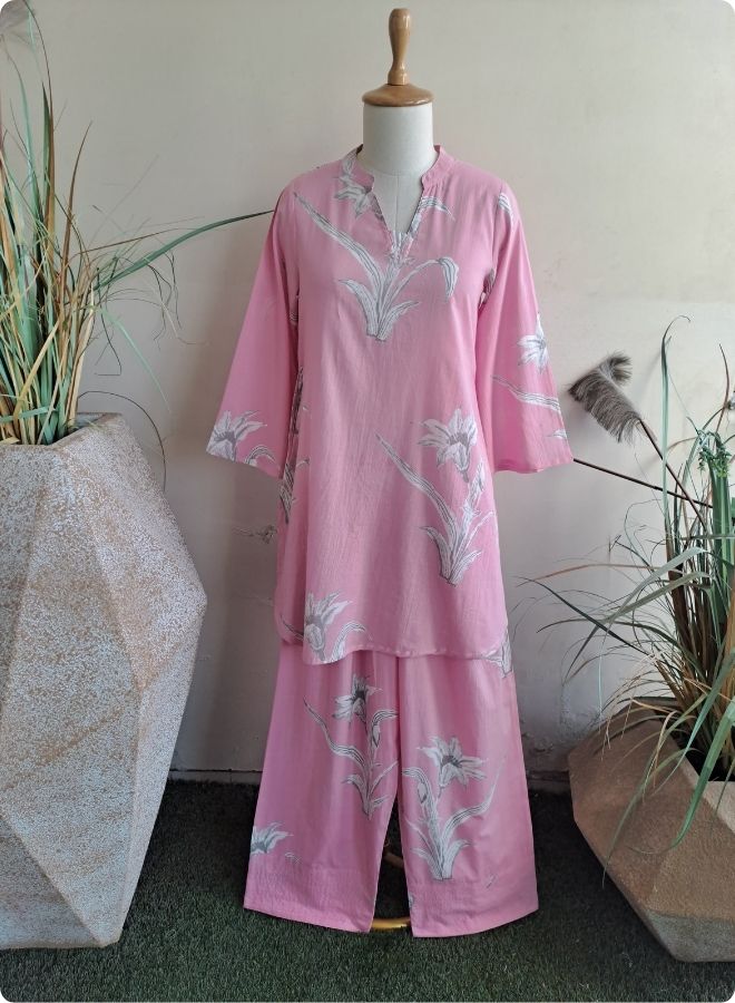 Pink Floral Print Kurta Pant Set