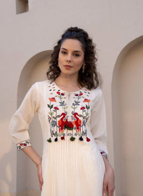 White Embroidered Kurta with Bird Motif