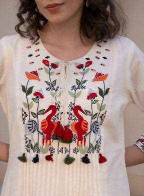 White Embroidered Kurta with Bird Motif