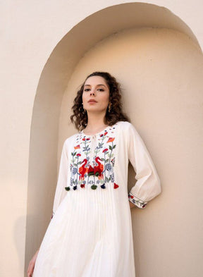 White Embroidered Kurta with Bird Motif
