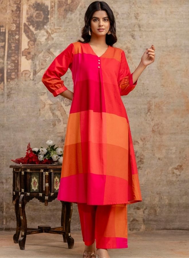 Vibrant Rani Pink & Orange Checked Kurta Pant Set