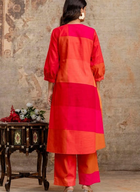 Vibrant Rani Pink & Orange Checked Kurta Pant Set