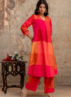 Vibrant Rani Pink & Orange Checked Kurta Pant Set