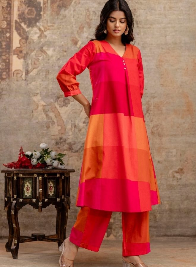 Vibrant Rani Pink & Orange Checked Kurta Pant Set