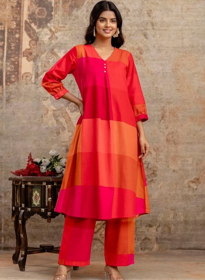 Vibrant Rani Pink & Orange Checked Kurta Pant Set