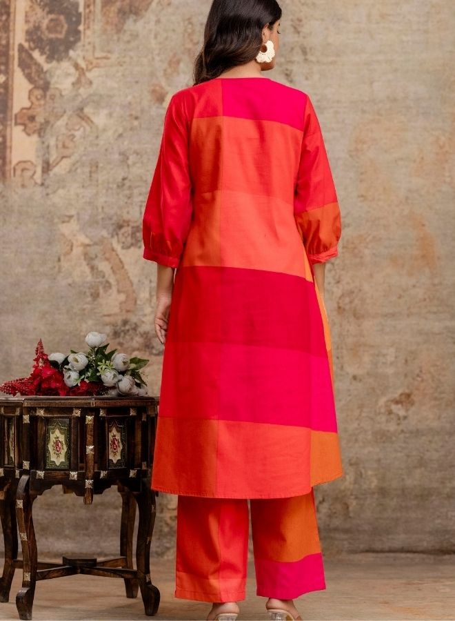 Vibrant Rani Pink & Orange Checked Kurta Pant Set