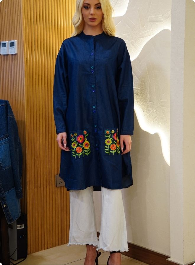 Featuring soft denim with front button shirt dress and embroidered pockets