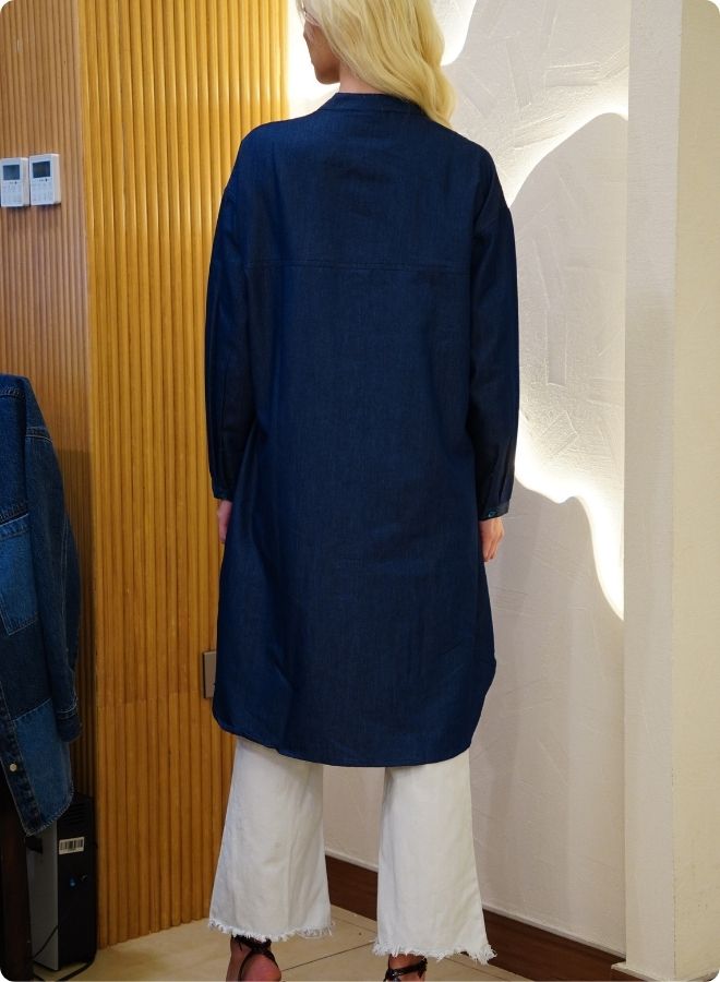 Featuring soft denim with front button shirt dress and embroidered pockets