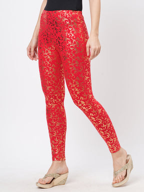  Spell Binding Gold Foil Printed Cotton Lycra Maroon Legging Handcrafted For You.