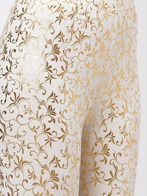 Spell Binding Gold Foil Printed Cotton Lycra Offwhite Legging Handcrafted For You.