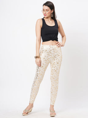  Spell Binding Gold Foil Printed Cotton Lycra Offwhite Legging Handcrafted For You.