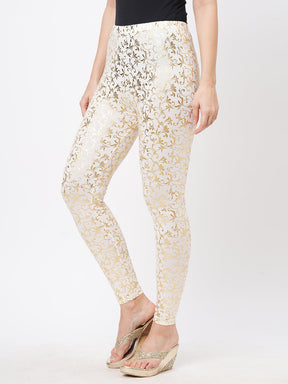  Spell Binding Gold Foil Printed Cotton Lycra Offwhite Legging Handcrafted For You.