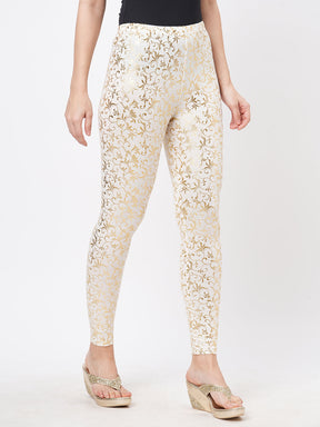  Spell Binding Gold Foil Printed Cotton Lycra Offwhite Legging Handcrafted For You.