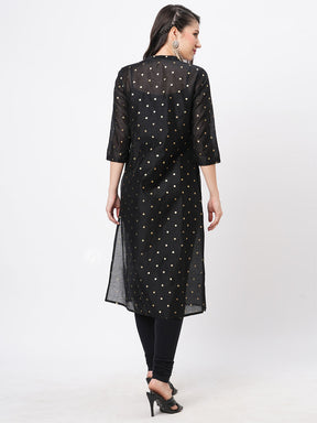 Gold Polka Dotted Black Chanderi Kurta With A Cotton Inner  And Roll Up Sleeves.