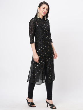 Gold Polka Dotted Black Chanderi Kurta With A Cotton Inner  And Roll Up Sleeves.