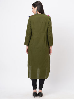 Olive Green Straight Kurta With High Low Hem And Pockets On Both Sides .