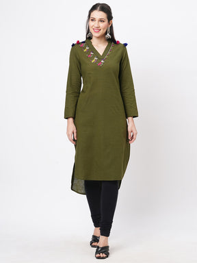 Olive Green Straight Kurta With High Low Hem And Pockets On Both Sides .