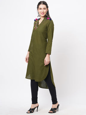 Olive Green Straight Kurta With High Low Hem And Pockets On Both Sides .