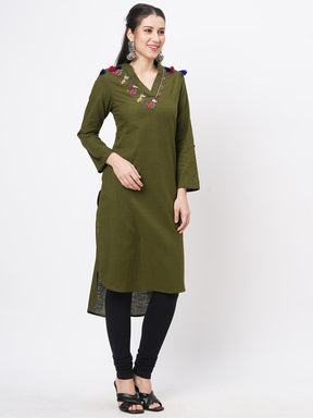 Olive Green Straight Kurta With High Low Hem And Pockets On Both Sides .