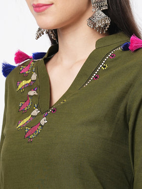 Olive Green Straight Kurta With High Low Hem And Pockets On Both Sides .