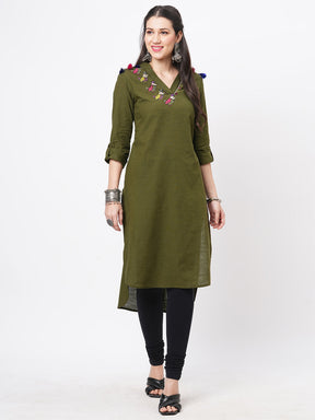 Olive Green Straight Kurta With High Low Hem And Pockets On Both Sides .