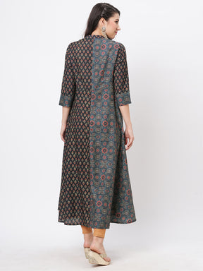 Forest Green Two Print Long Flared Kurta Complimenting Each Other With Contrast Color Tassel At The Neck.