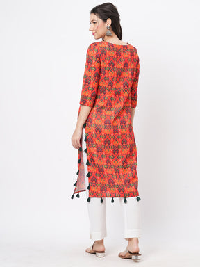 Bright Rust Cottonblend Straight Kurta With Contrast Tassel Detail Around The Slit And Hem