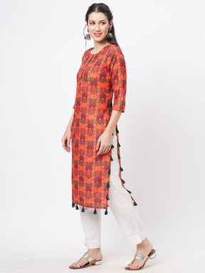 Bright Rust Cottonblend Straight Kurta With Contrast Tassel Detail Around The Slit And Hem