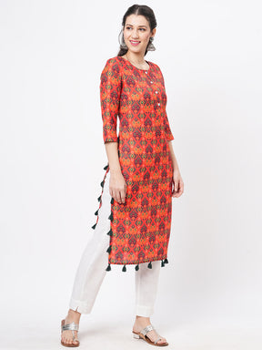 Bright Rust Cottonblend Straight Kurta With Contrast Tassel Detail Around The Slit And Hem
