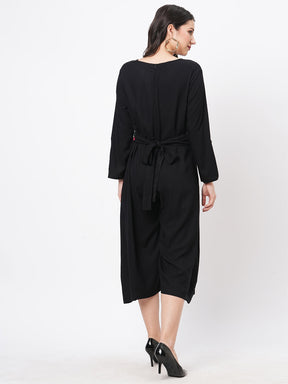 Featuring Black Viscose Rayon Calf Length Jumpsuit With Emmbroidered Belt.
