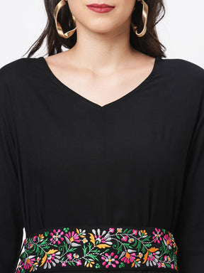 Featuring Black Viscose Rayon Calf Length Jumpsuit With Emmbroidered Belt.