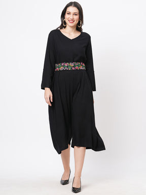 Featuring Black Viscose Rayon Calf Length Jumpsuit With Emmbroidered Belt.