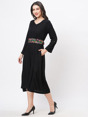 Featuring Black Viscose Rayon Calf Length Jumpsuit With Emmbroidered Belt.