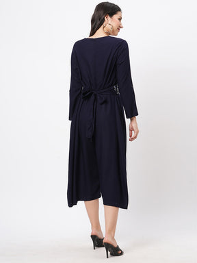 Featuring Navy Viscose Rayon Calf Length Jumpsuit With Emmbroidered Belt.