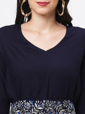 Featuring Navy Viscose Rayon Calf Length Jumpsuit With Emmbroidered Belt.