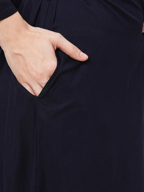 Featuring Navy Viscose Rayon Calf Length Jumpsuit With Emmbroidered Belt.