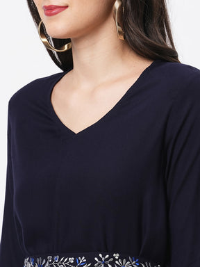 Featuring Navy Viscose Rayon Calf Length Jumpsuit With Emmbroidered Belt.