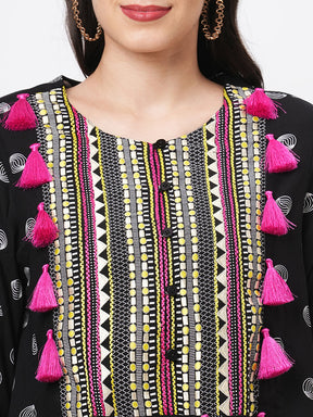 Boho-Chic Black Printed Tunic With Contrast Embroidered Linear Yoke And Fuschia Pink Tassels
