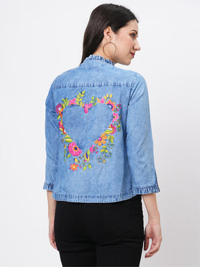 Jacket In Washed Cotton Denim With Embroidery On The Back And With Ruffle Detail On The Front.