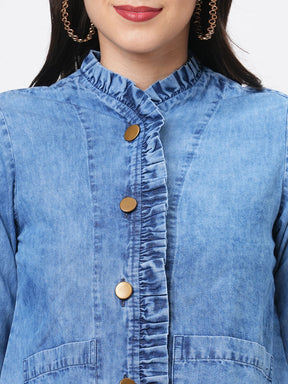 Jacket In Washed Cotton Denim With Embroidery On The Back And With Ruffle Detail On The Front.