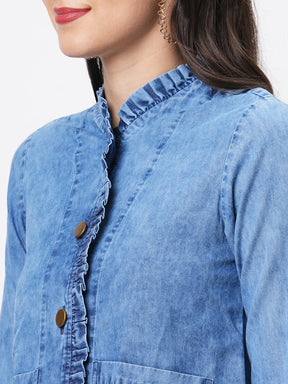Jacket In Washed Cotton Denim With Embroidery On The Back And With Ruffle Detail On The Front.