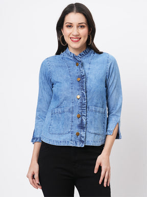 Jacket In Washed Cotton Denim With Embroidery On The Back And With Ruffle Detail On The Front.