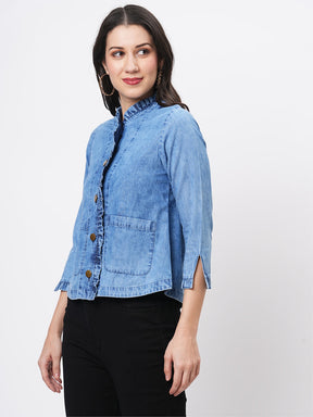 Jacket In Washed Cotton Denim With Embroidery On The Back And With Ruffle Detail On The Front.