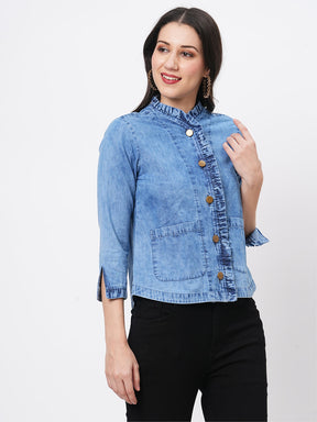 Jacket In Washed Cotton Denim With Embroidery On The Back And With Ruffle Detail On The Front.