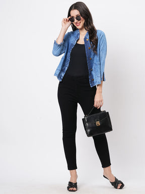 Jacket In Washed Cotton Denim With Embroidery On The Back And With Ruffle Detail On The Front.