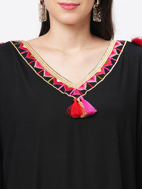 Featuring A Black Kaftan In Viscose Base With Multi Color Tassel Detailing